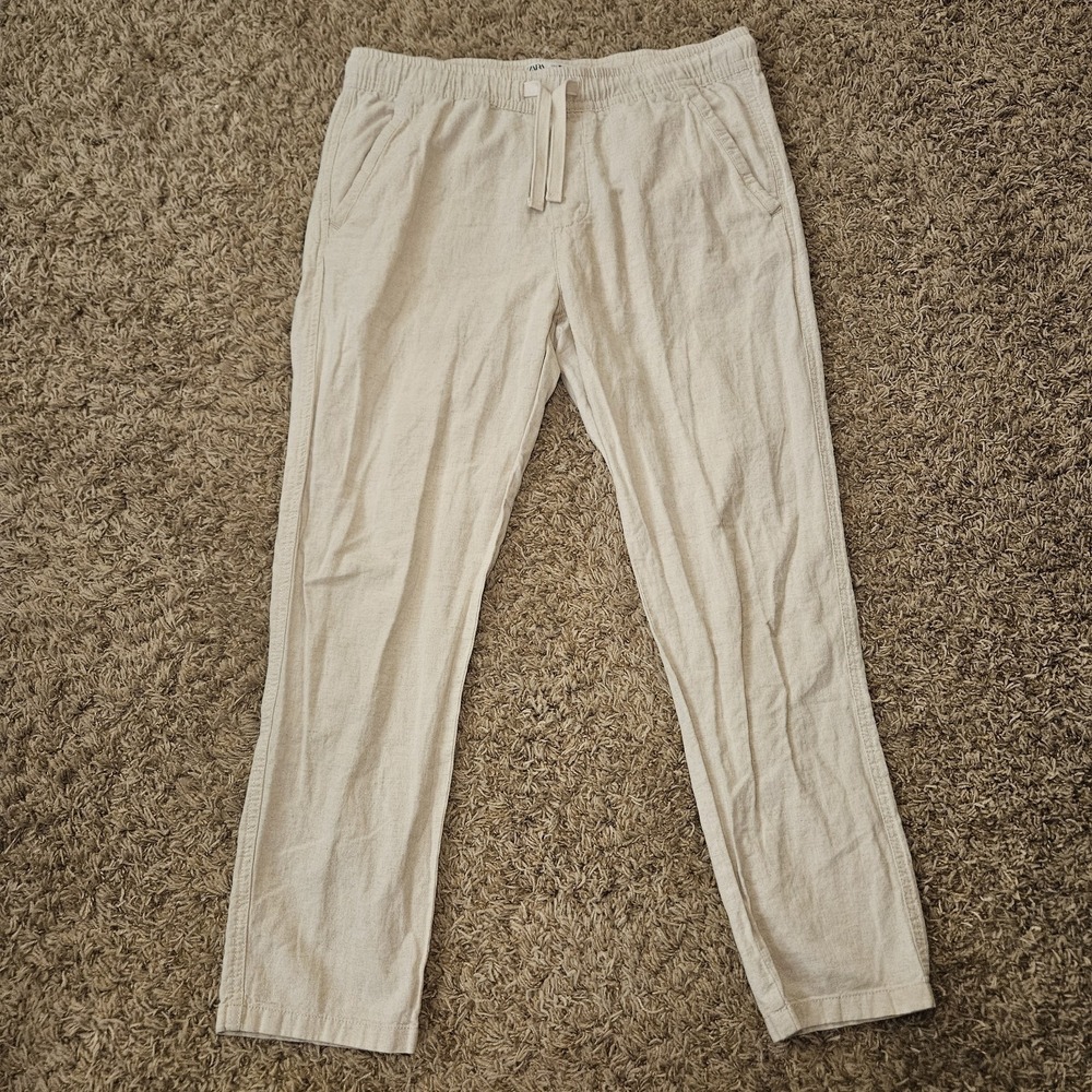 Zara Pants Womens Size Large Beige Tan Cream Trousers Elastic Waist Drawstring
